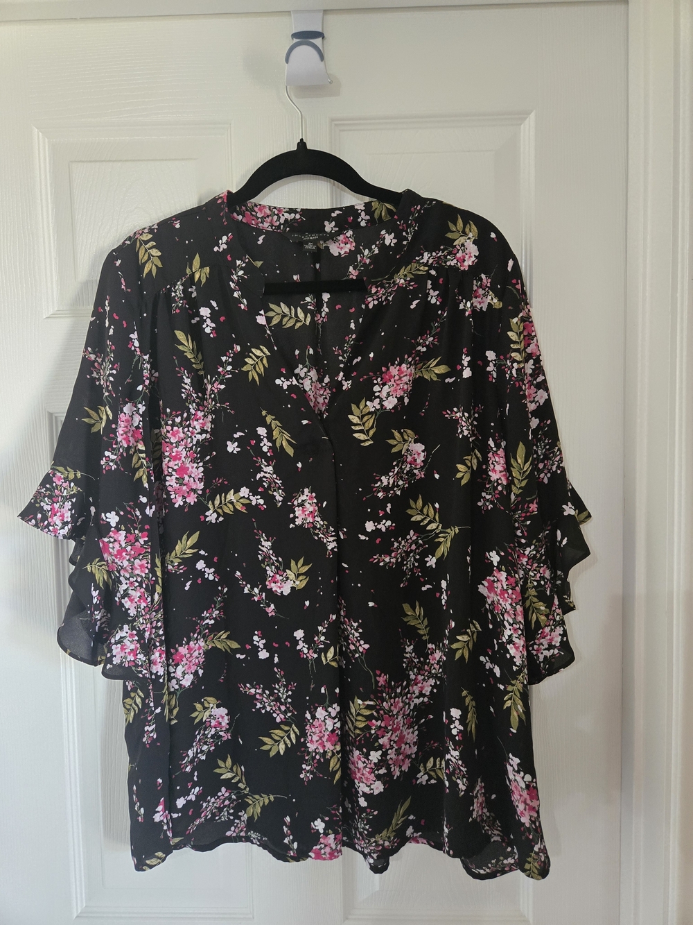 Investments Black Floral Ruffle Sleeve Blouse with Pink and Green Accents